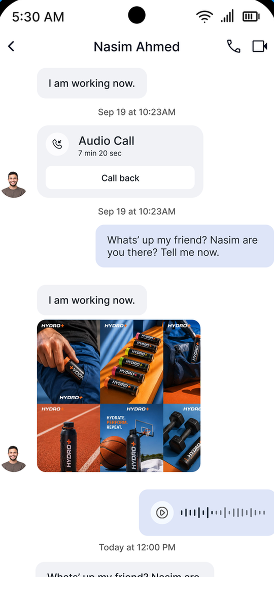 Aegis chat screen showing an audio call, messages, and shared photos.