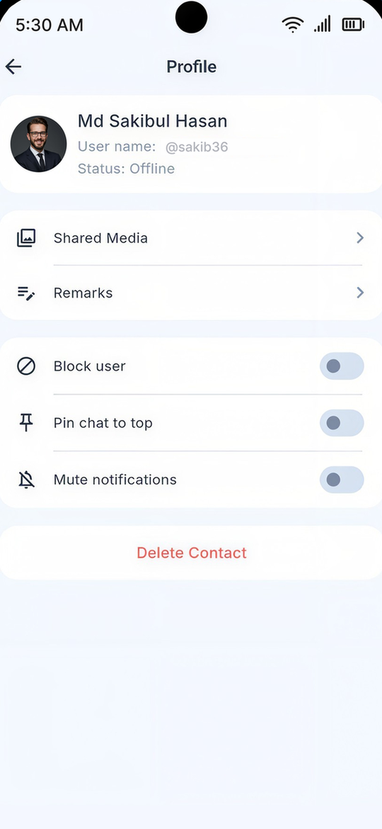 Aegis profile screen with block, pin, and mute controls.